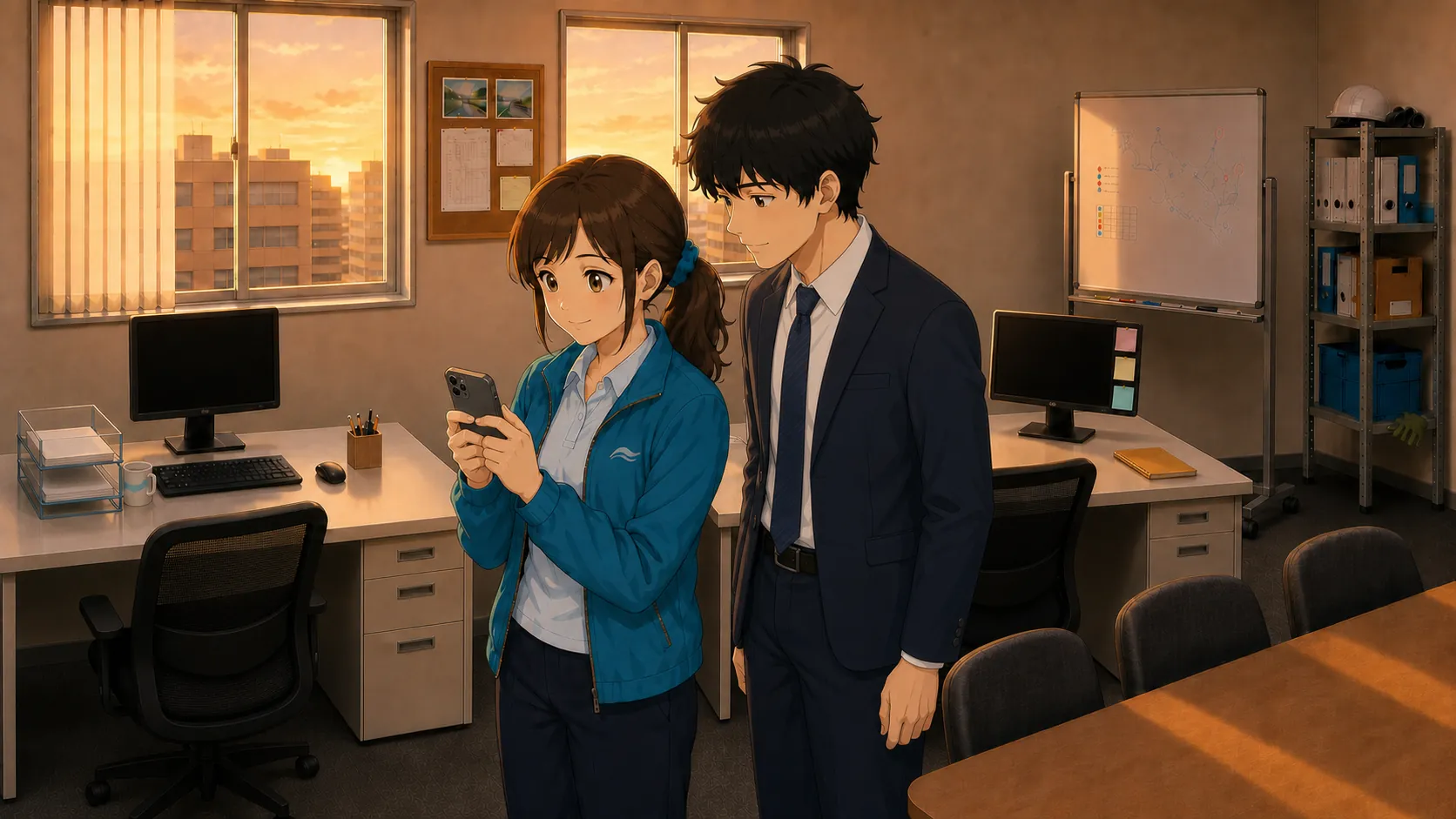 秋の夜の事務所で、宮本がスマートフォンの投稿完了画面を見つめ、隣で神谷が覗き込んでいる場面