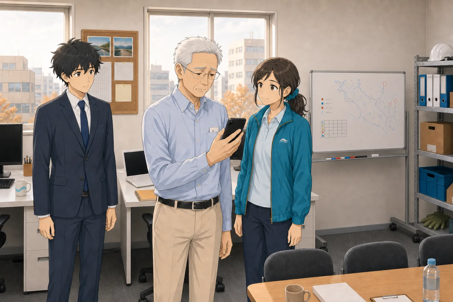 事務所で北村が目を潤ませながらスマートフォン画面を見つめ、神谷と宮本がそばで見守っている場面