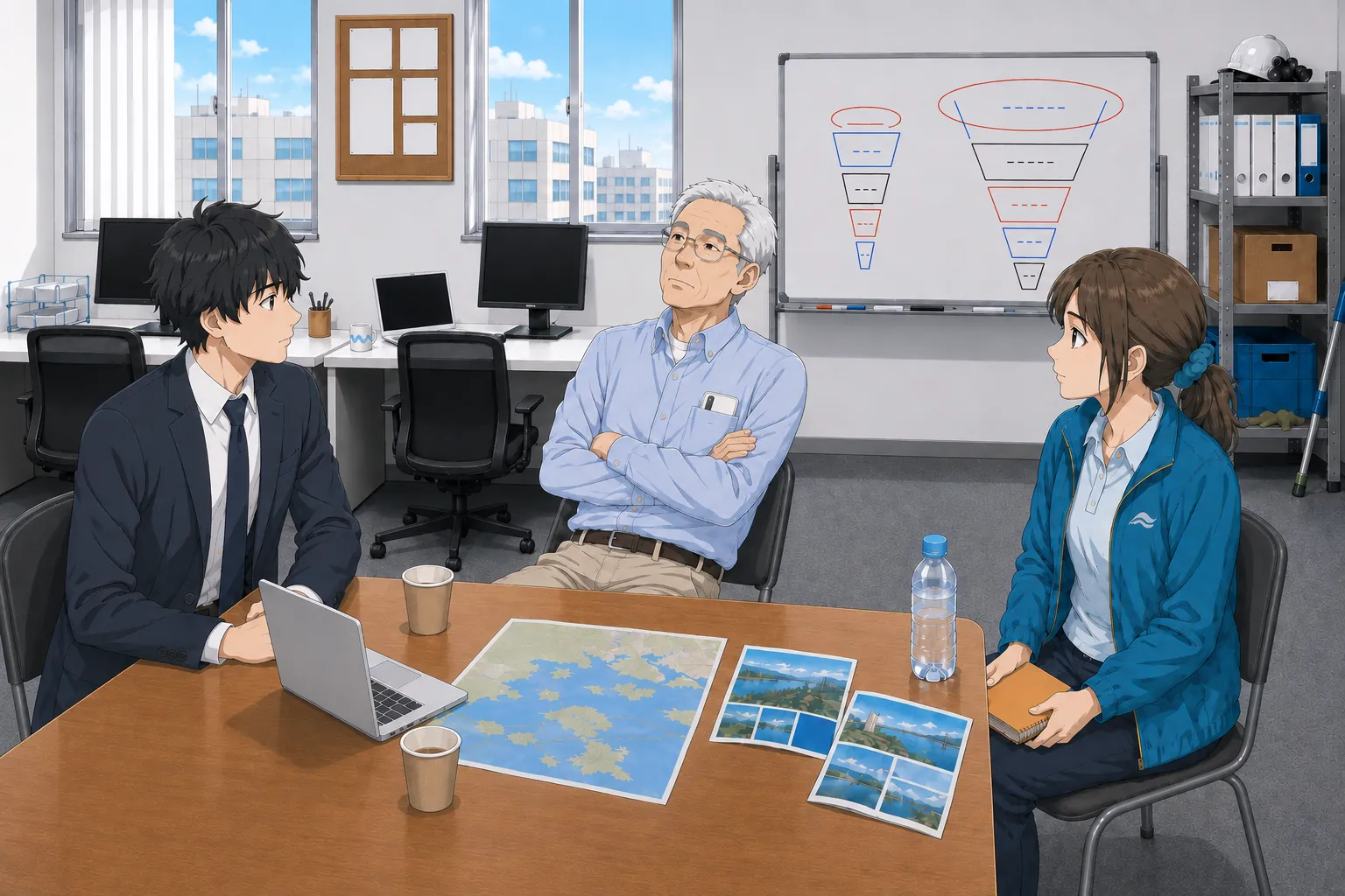 せとうちマーレブル事務所で、ホワイトボードの2つのファネル図を前に北村が腕を組んで考え込み、神谷と宮本がその反応をうかがっている